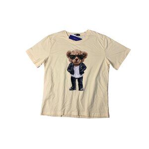 New Romwe Mens Size Medium Yellow Tshirt Bear Graphic short Sleeve Tee Shirt Top
